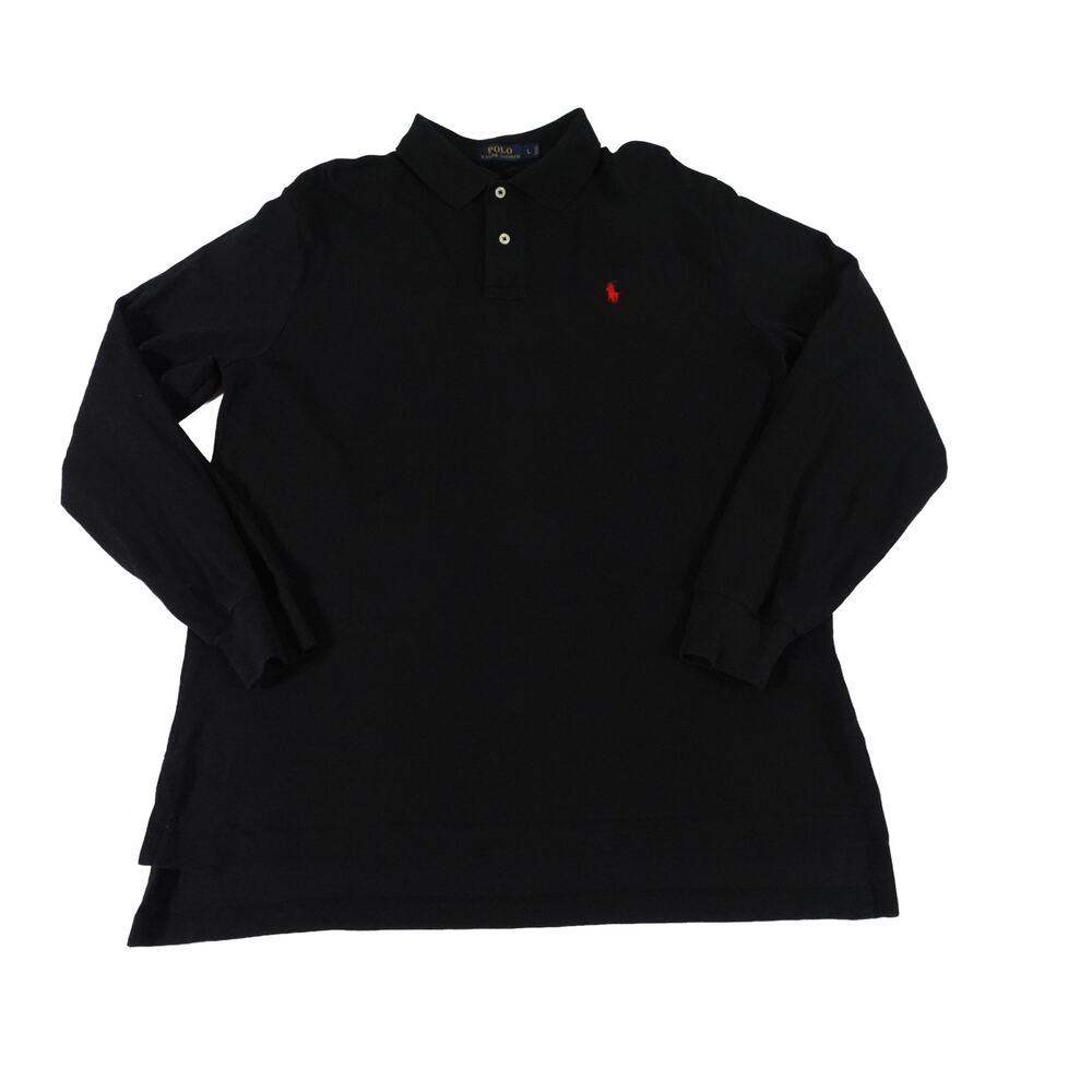 Ralph Lauren Cotton Long Sleeve Black Red Pony Golf Polo Shirt Men's Large